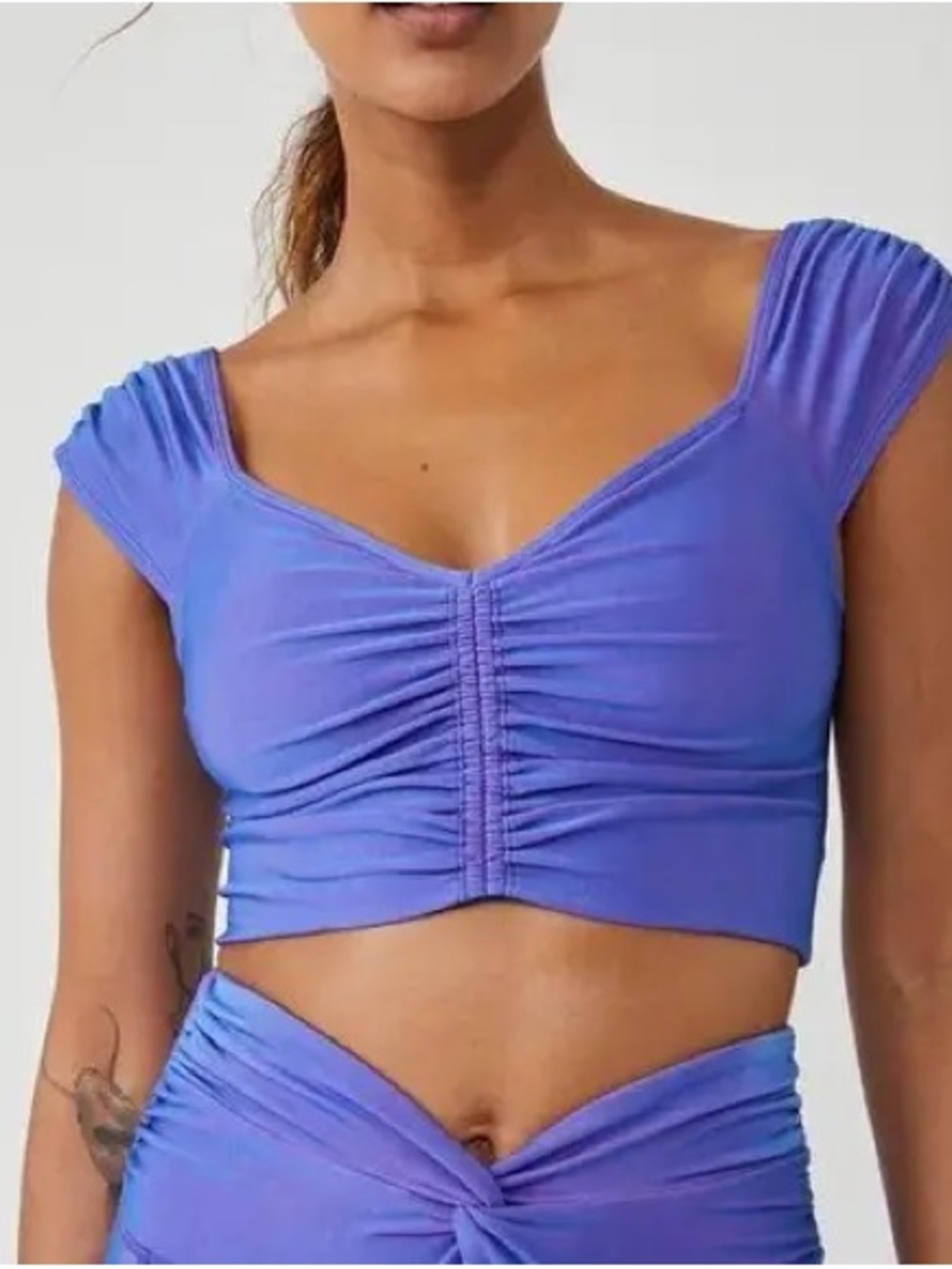 Free People Ruched Breate Deeper V-Neck Crop Top in Violet-Blue